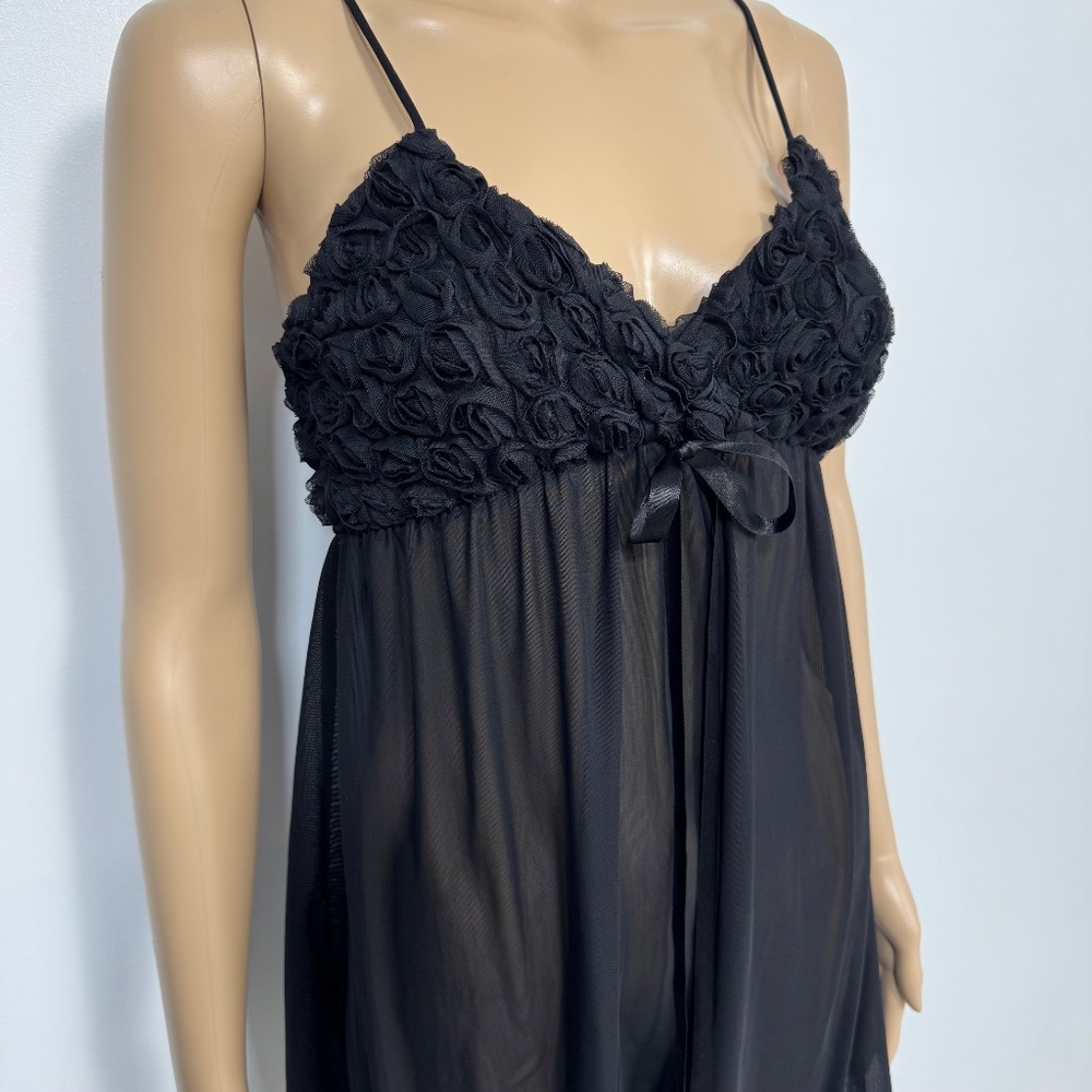 Vintage Y2K La Vie En Rose Rosette & Black Mesh Sheer Babydoll Teddy Size M